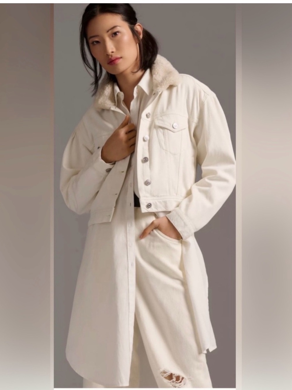 PAIGE Blythe Jacket - Ecru Sherpa-Collar Denim Trucker Jacket